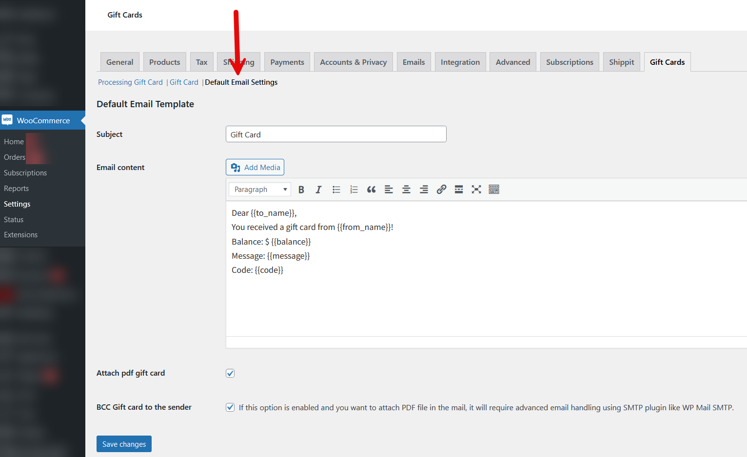 Gift Card For WooCommerce Backend Default Email Settings
