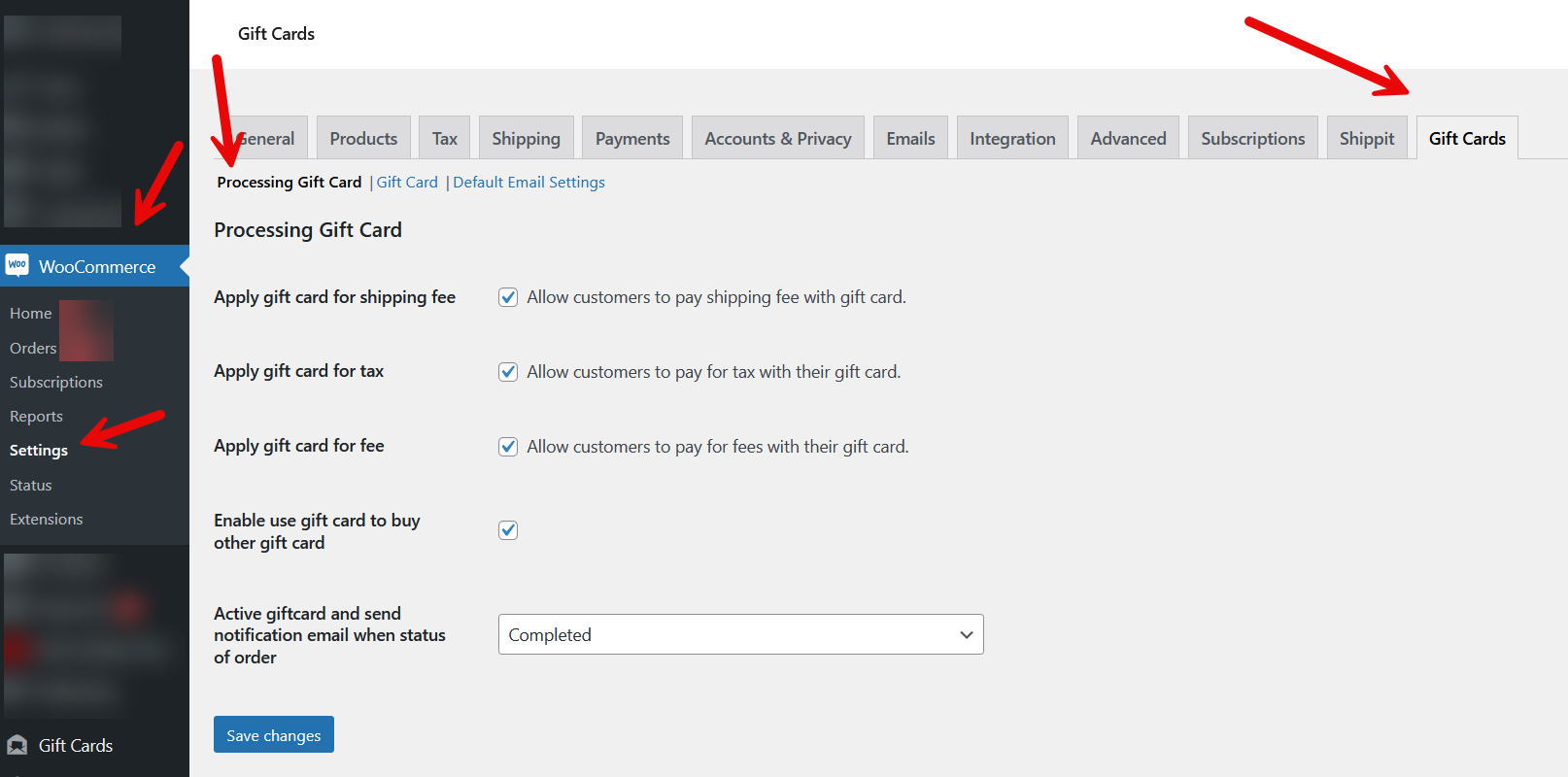 Gift Card For WooCommerce Backend Settings Processing Gift Card