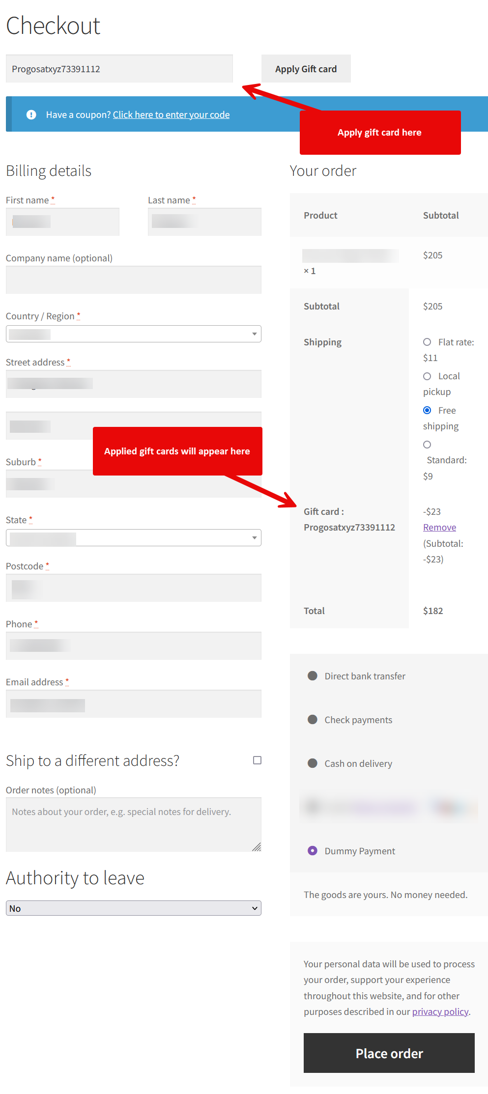 Gift Card For WooCommerce Frontend Checkout Apply Gift Card