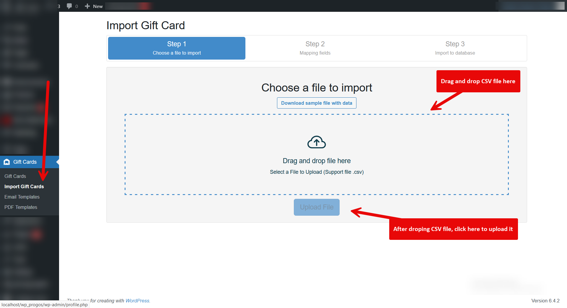 Gift Card For WooCommerce Backend Import Gift Cards Step 1