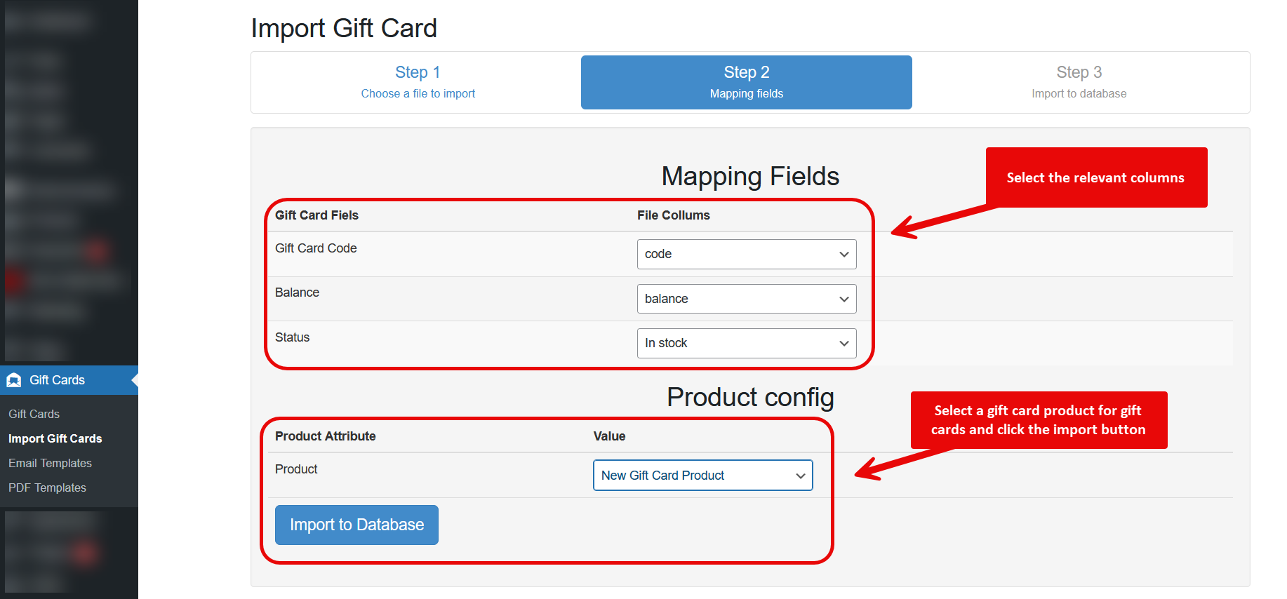 Gift Card For WooCommerce Backend Import Gift Cards Step 2