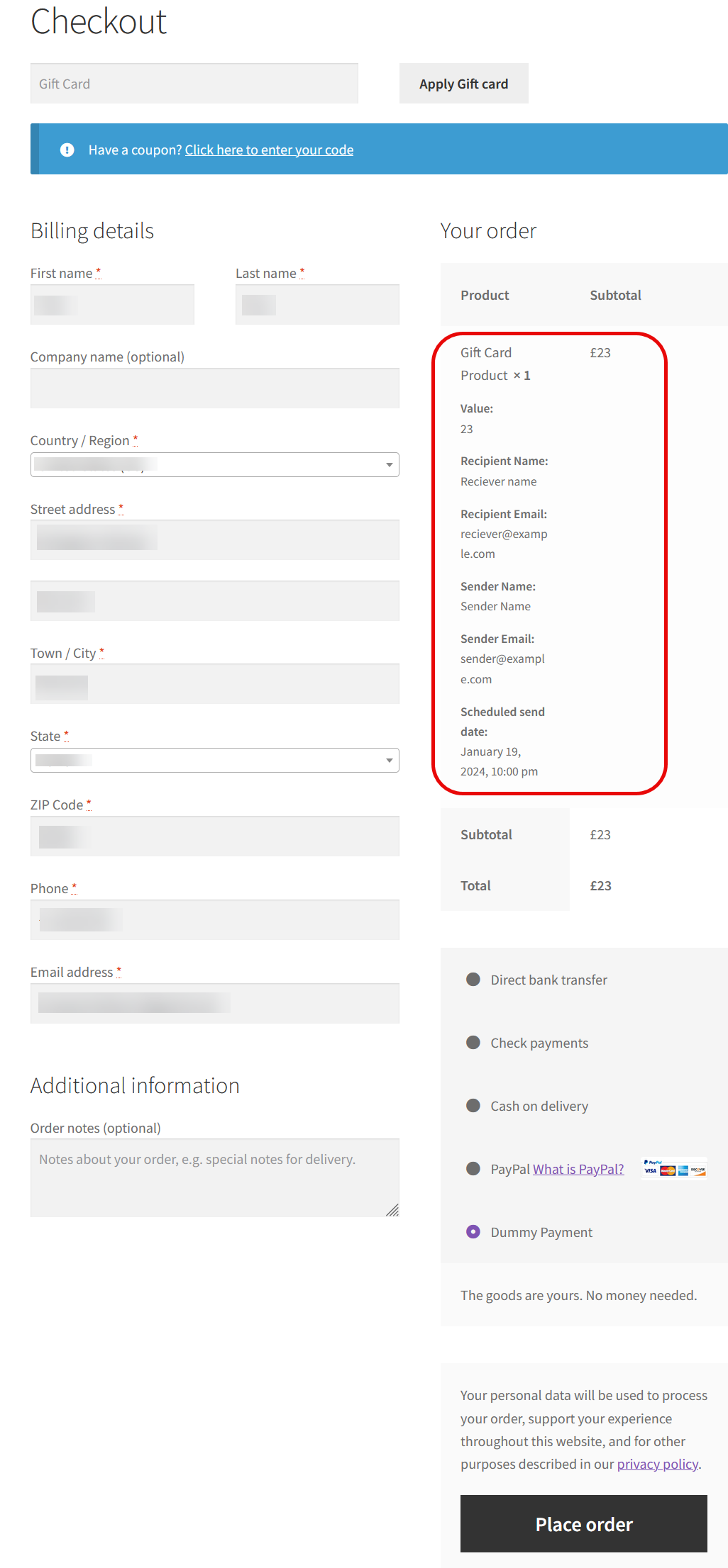 Gift Card For WooCommerce Frontend Checkout