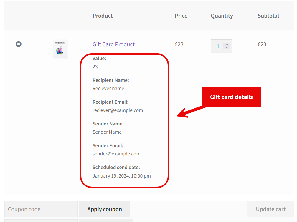 Gift Card For WooCommerce Frontend Cart